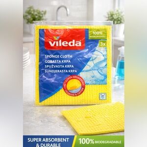 Vileda 3 Pack Sponge Cloth 100% Biodegradable 10x absorbent Larger 18x 20 cm